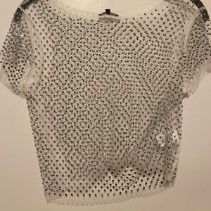 TOP CHIC white mesh crop top/silver studs